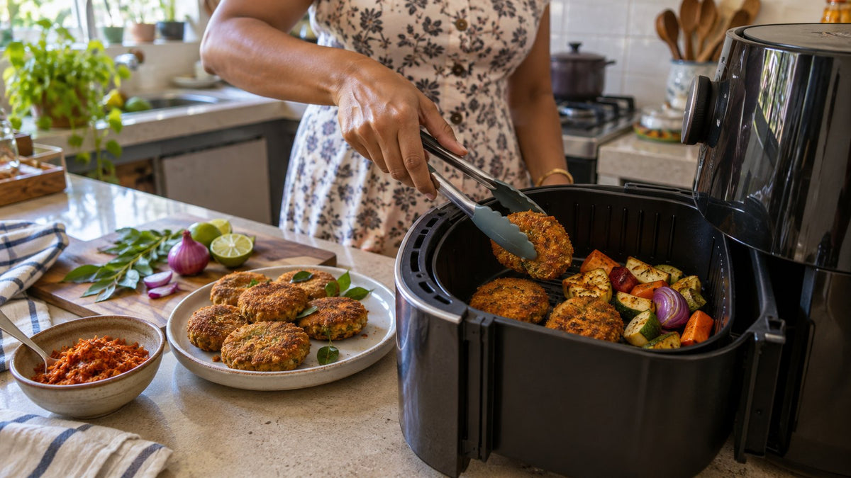 Home cook lifting golden fish cutlets out of an air fryer basket, with more cutlets on a plate beside it