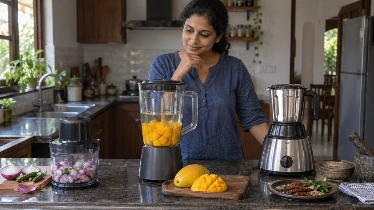Food chopper, blender with mango juice and mixer grinder on a Sri Lankan kitchen counter