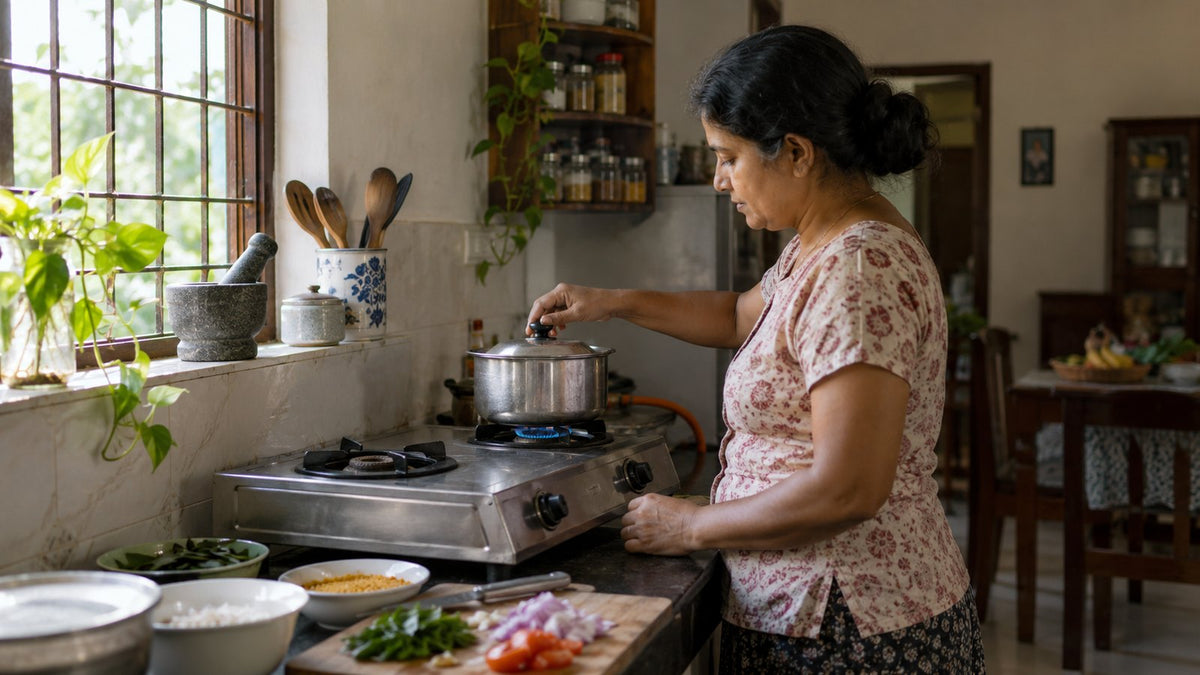Woman cooking on a two-burner gas stove with a small flame under the pot