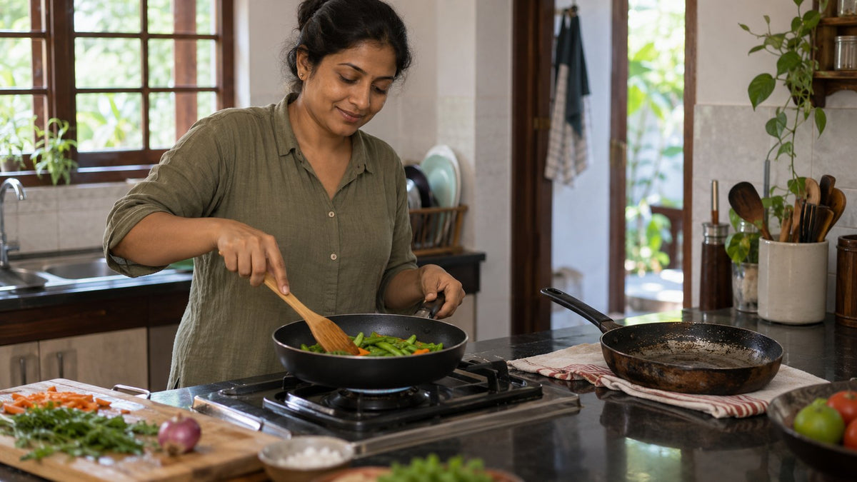 Woman stirring vegetables with a wooden spoon in a non-stick pan on a gas stove