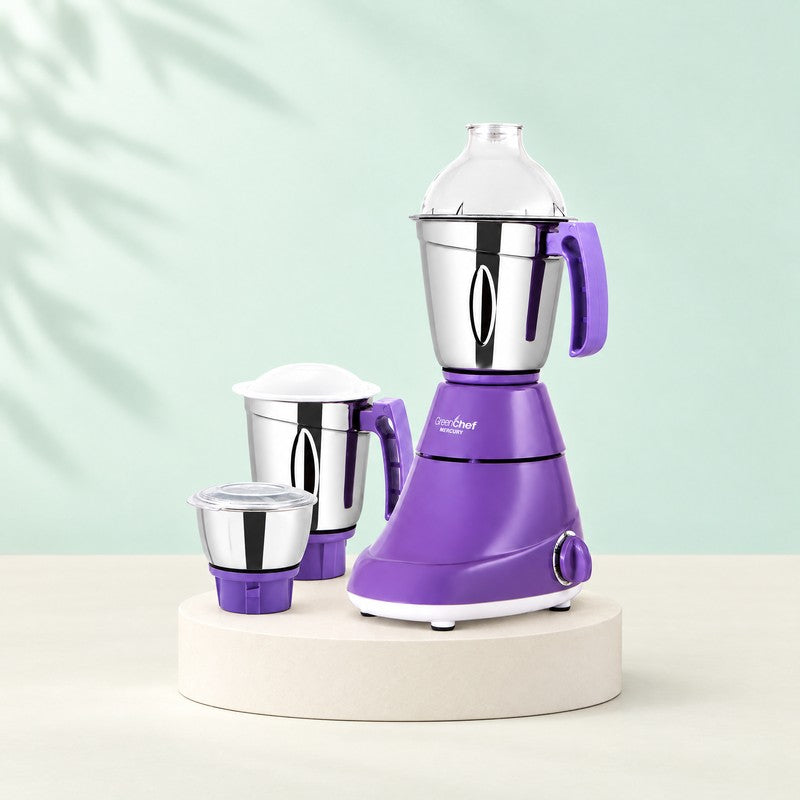 GreenChef Mercury 1HP mixer grinder in purple with three jars