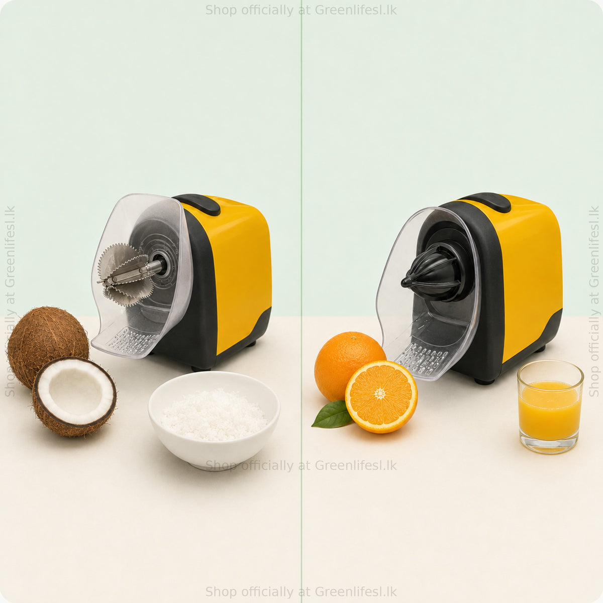 Brewine 2-in-1 coconut scraper and citrus press results: freshly grated coconut and orange juice