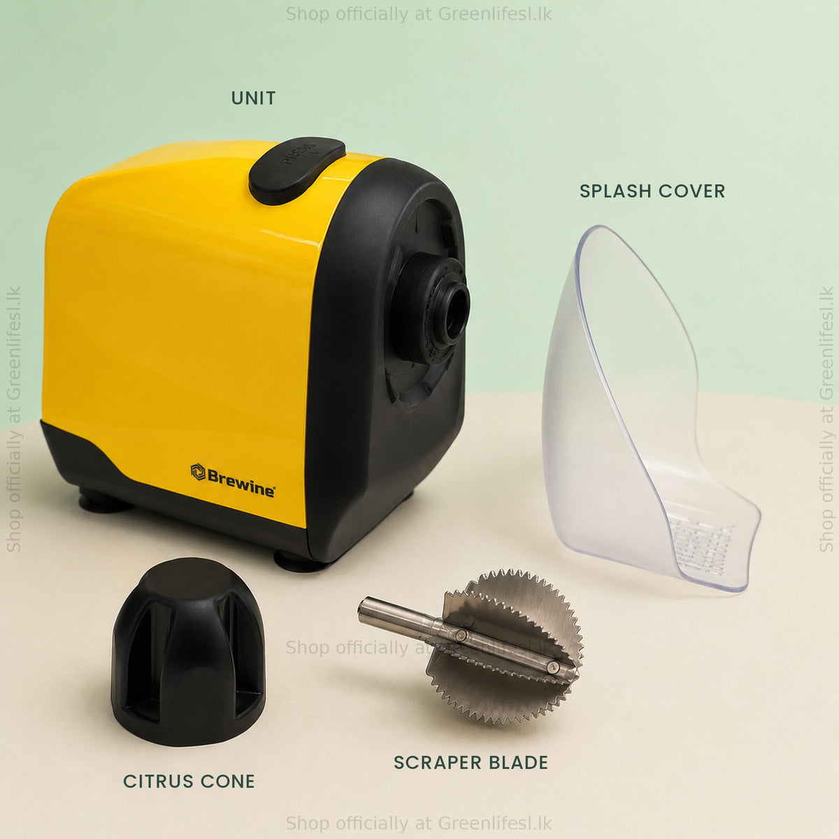 Brewine 2-in-1 coconut scraper and citrus press parts: main unit, splash cover, scraper blade and citrus cone