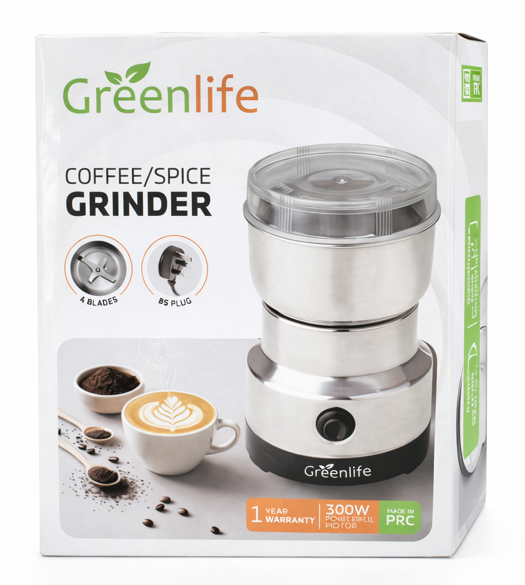 Retail box of the Greenlife 300W Coffee/Spice Grinder with 1-year warranty details.