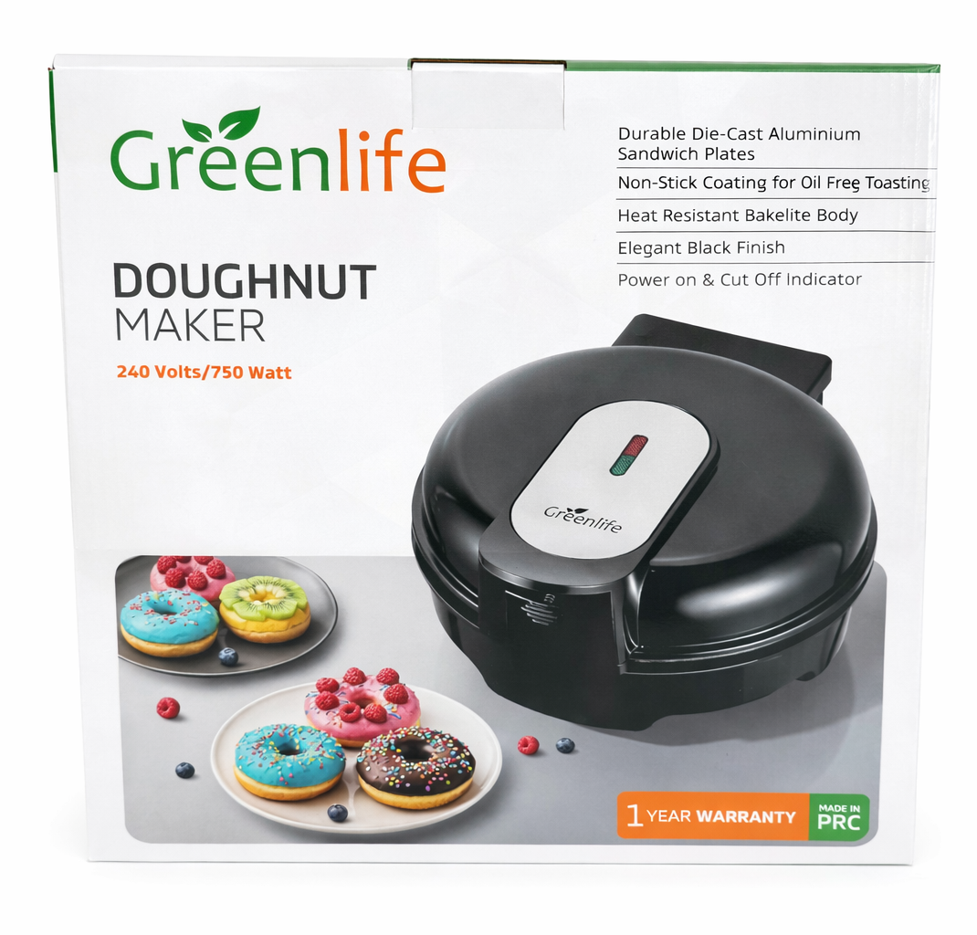 Box front for Greenlife 750W Doughnut Maker showing PRC quality and 240V specs.