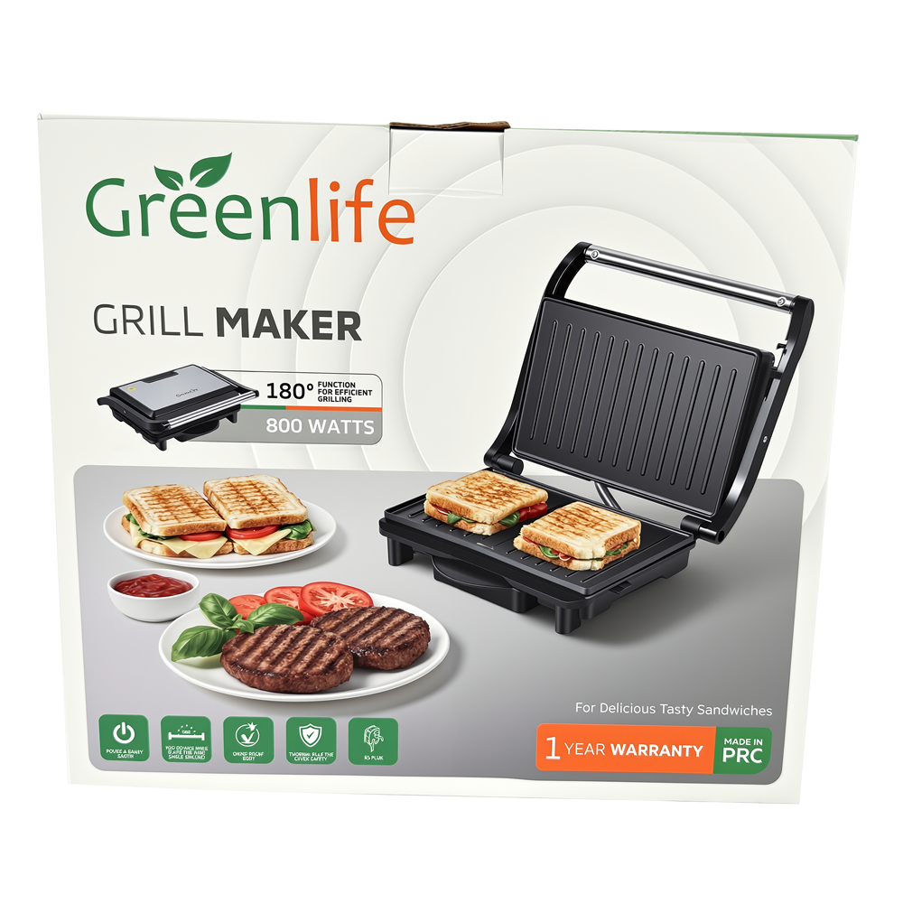 Retail packaging of the Greenlife 800W Grill Maker with 1-year warranty and PRC quality.
