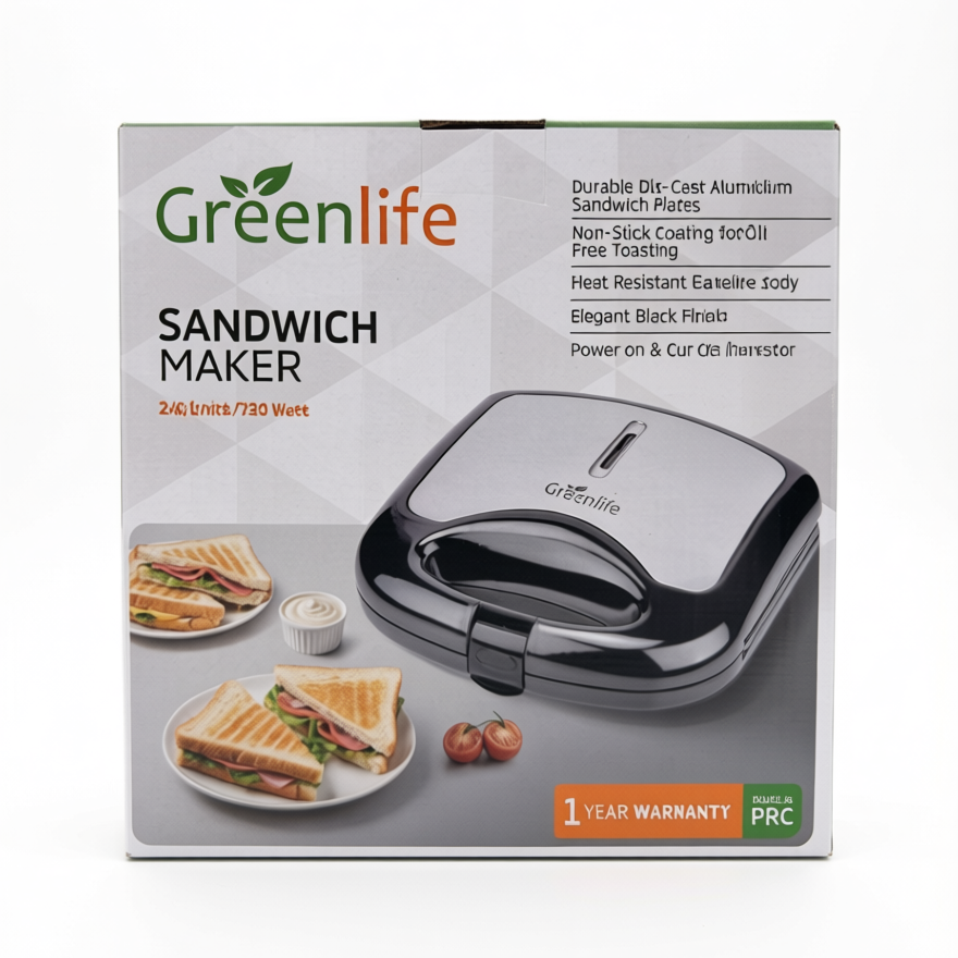 Box front of Greenlife 750W Sandwich Maker showing key features and 1-year warranty logo.