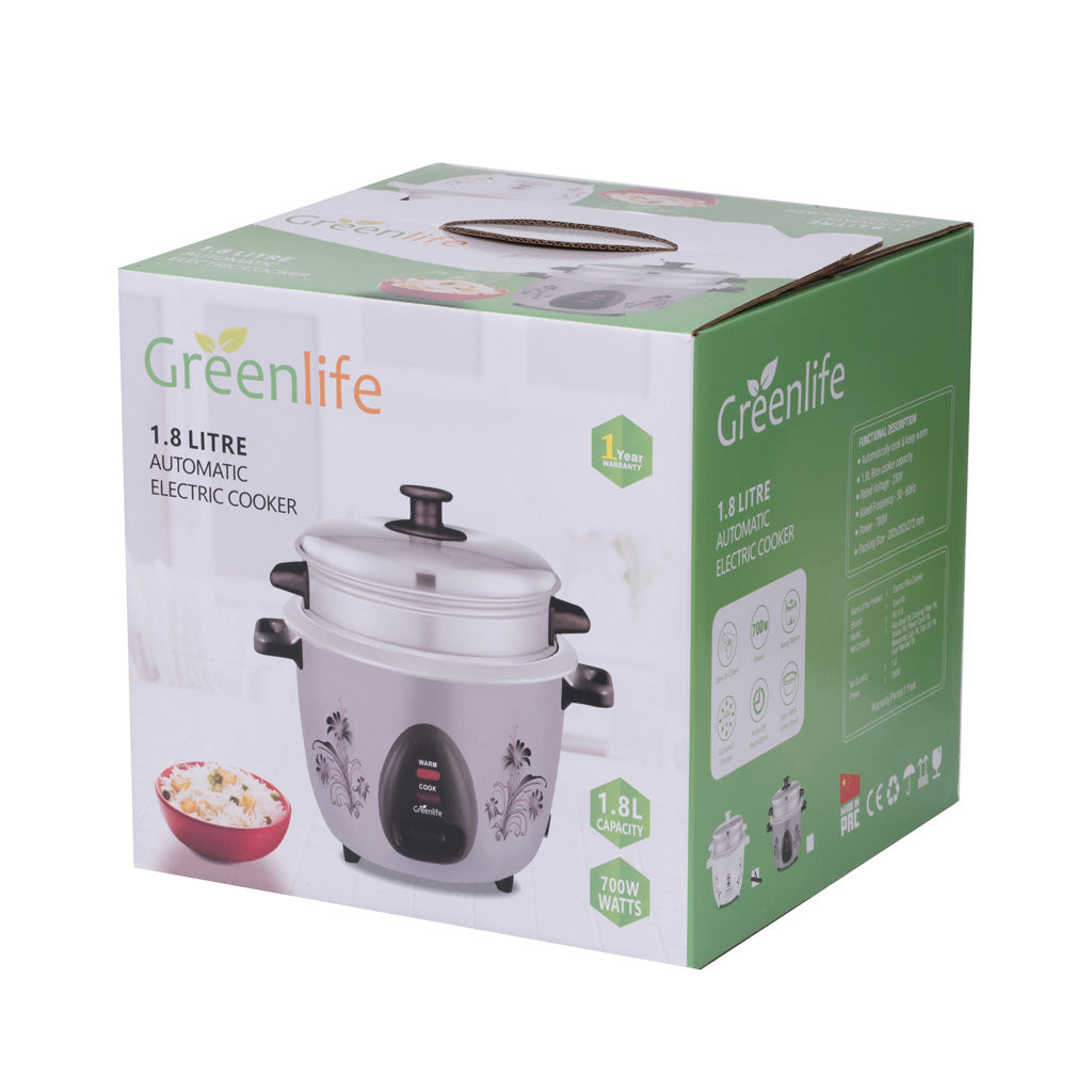 Green Life 1.8L automatic rice cooker with steamer 700W, authorized dealer in Sri Lanka by Greenlifesl.lk