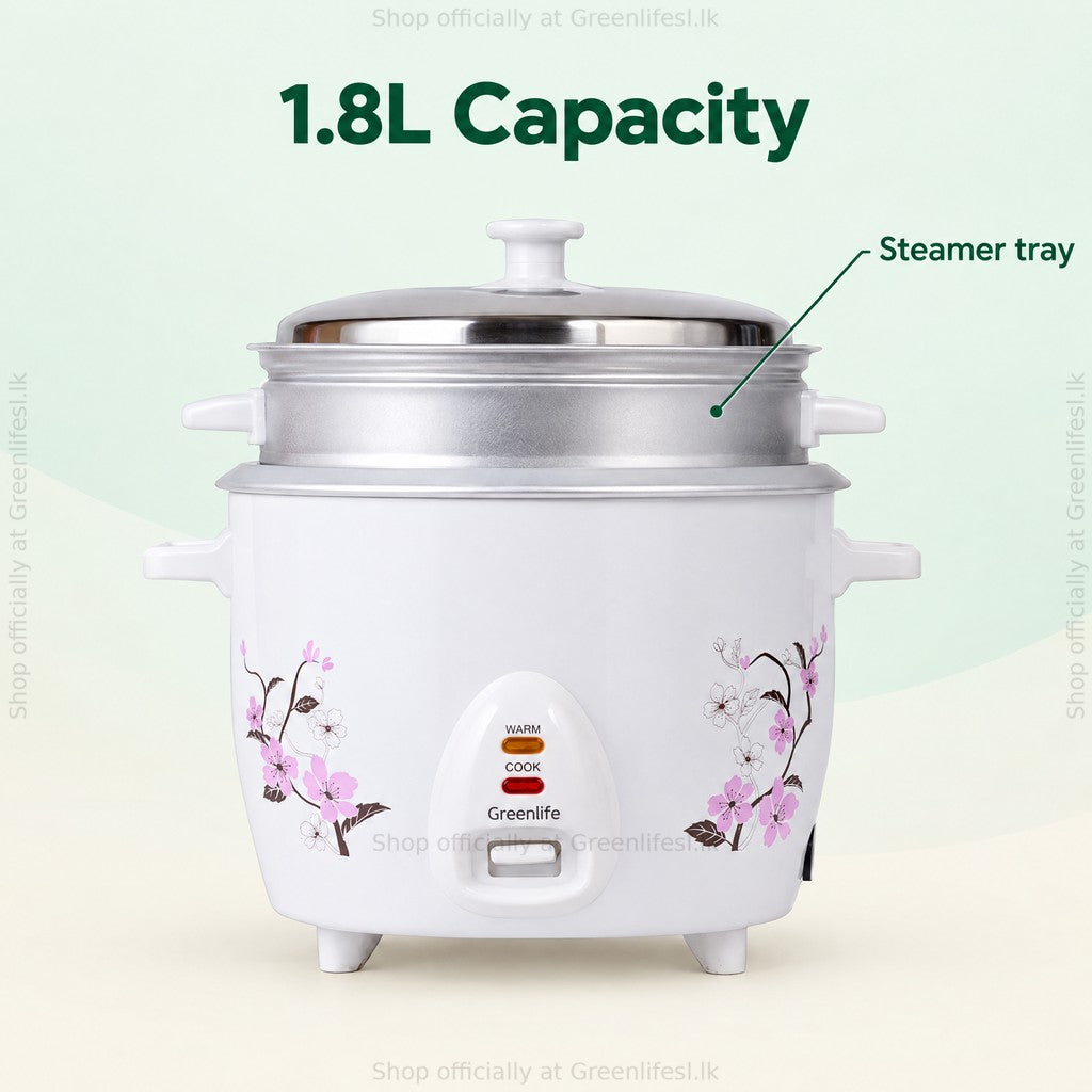 Green Life 1.8L automatic rice cooker with steamer tray fitted, 1.8L capacity