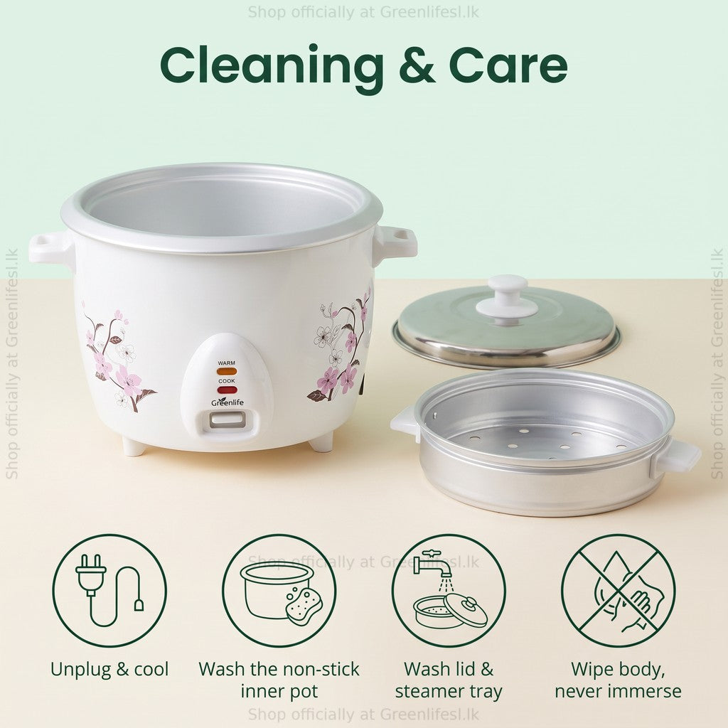 Green Life 1.8L automatic rice cooker with steamer care: wash the inner pot, lid and tray, never immerse the body