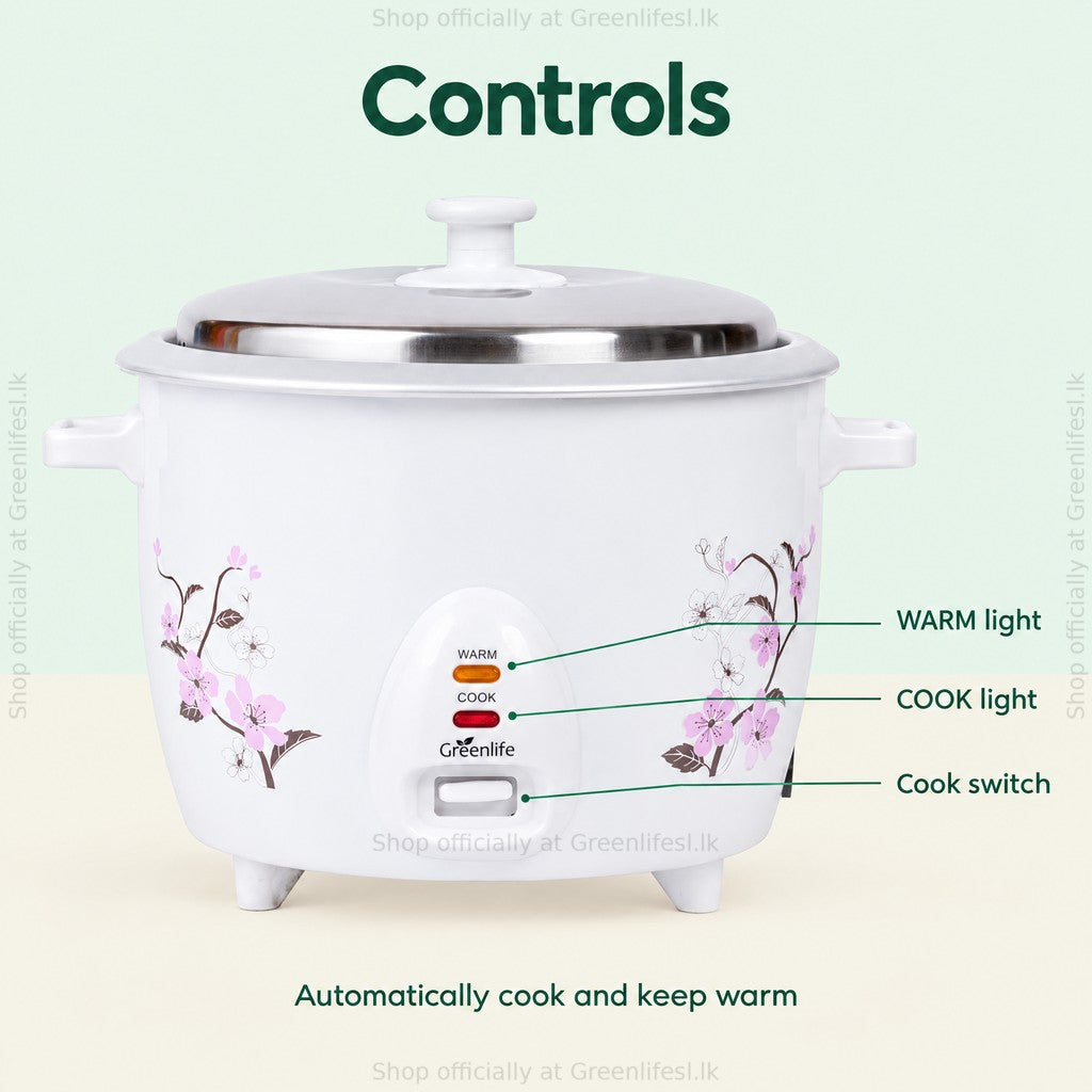 Green Life 1.8L automatic rice cooker with steamer controls: warm light, cook light and cook switch