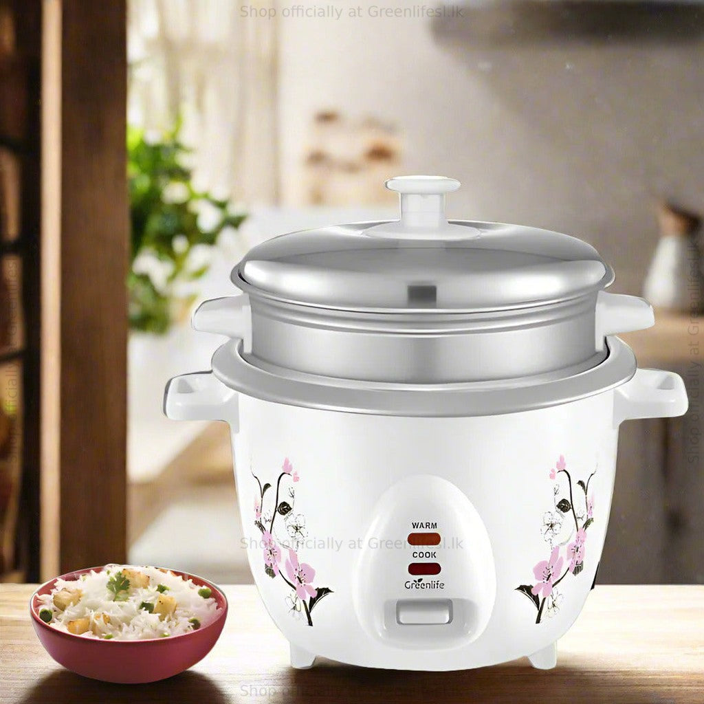 Green Life 1.8L automatic rice cooker with steamer tray fitted, beside a bowl of fried rice