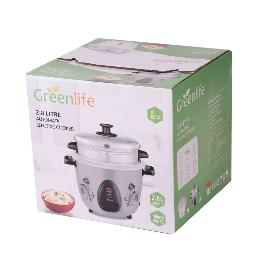 Green Life 2.8L automatic rice cooker with steamer - stainless steel design - main product view