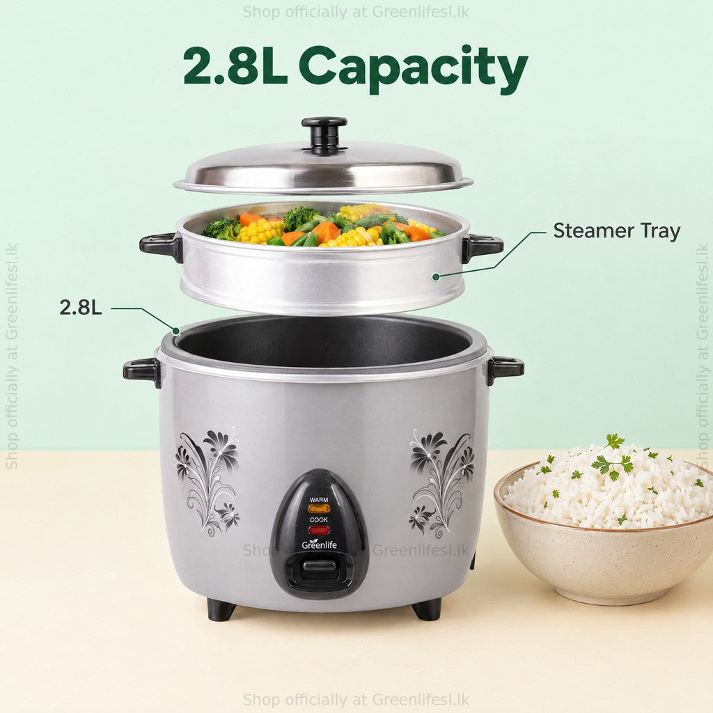 Green Life 2.8L automatic rice cooker with steamer tray of vegetables above the 2.8L pot