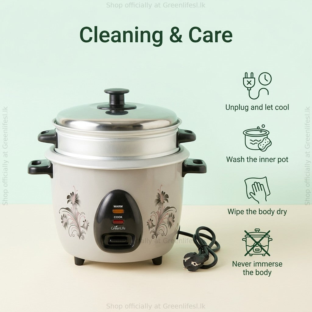 Green Life 2.8L automatic rice cooker with steamer care: unplug and cool, wash the pot, wipe dry, never immerse