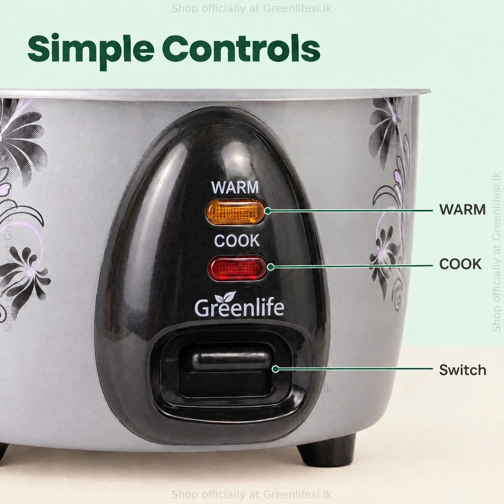 Green Life 2.8L automatic rice cooker with steamer controls: warm and cook lights and switch