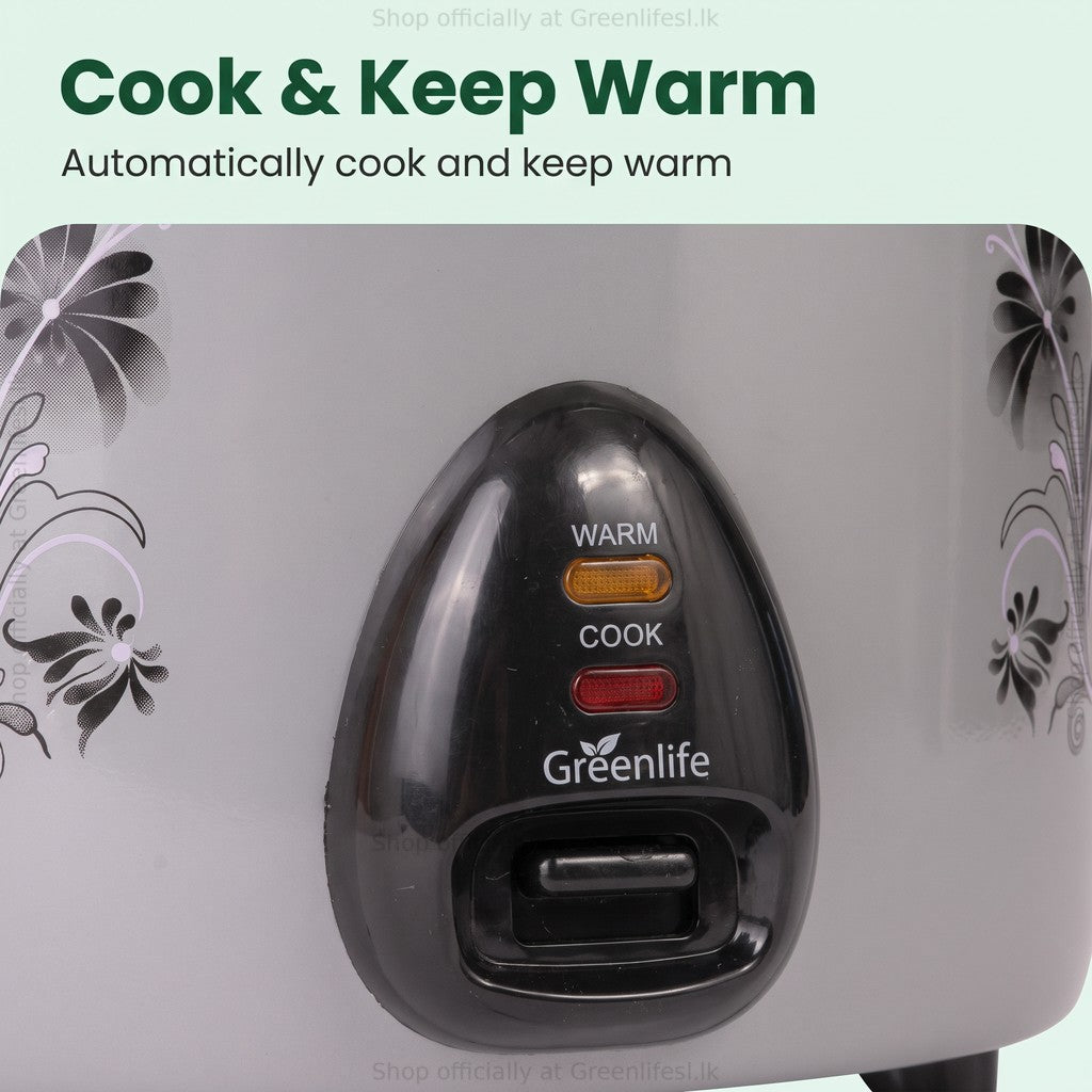 Green Life 2.8L automatic rice cooker with steamer, cook and keep warm lights close-up