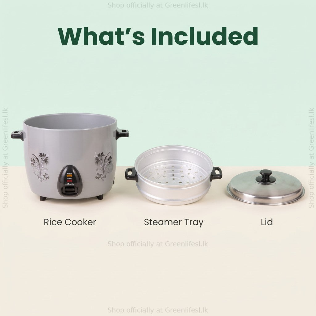 Green Life 2.8L automatic rice cooker with steamer, what's included: rice cooker, steamer tray and lid