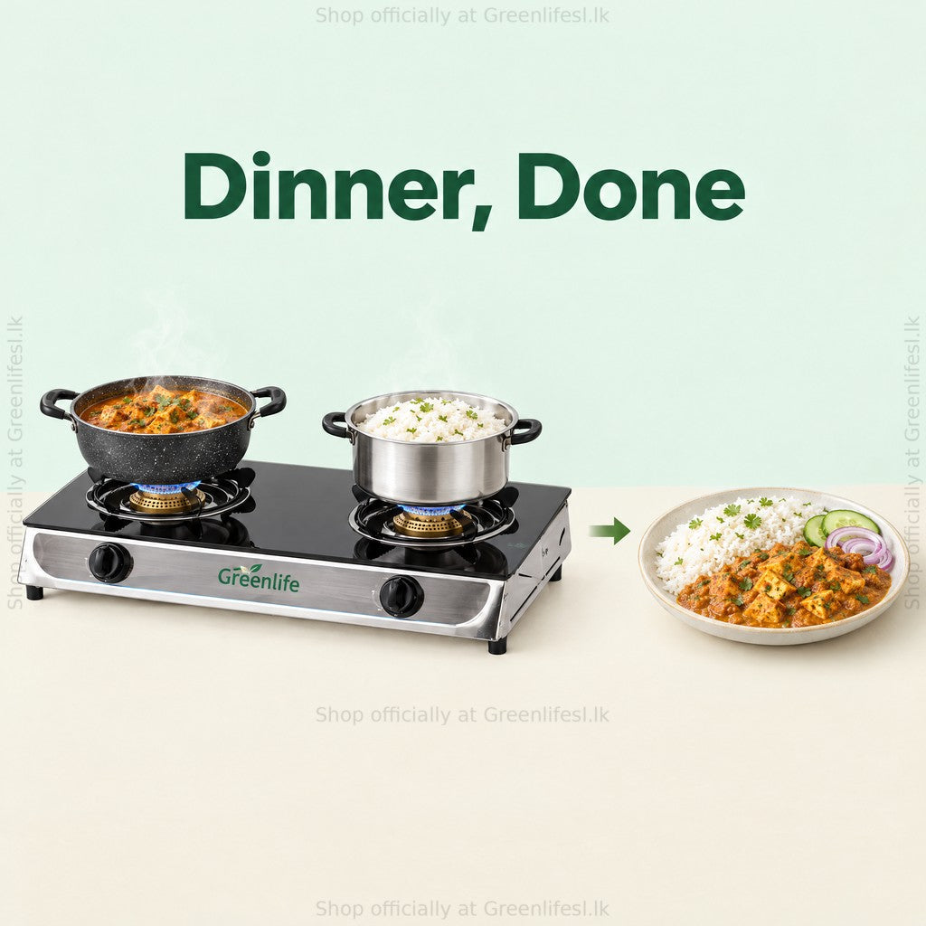 Green Life 2-burner tempered glass top gas cooker from pots on the flame to a plate of rice and curry