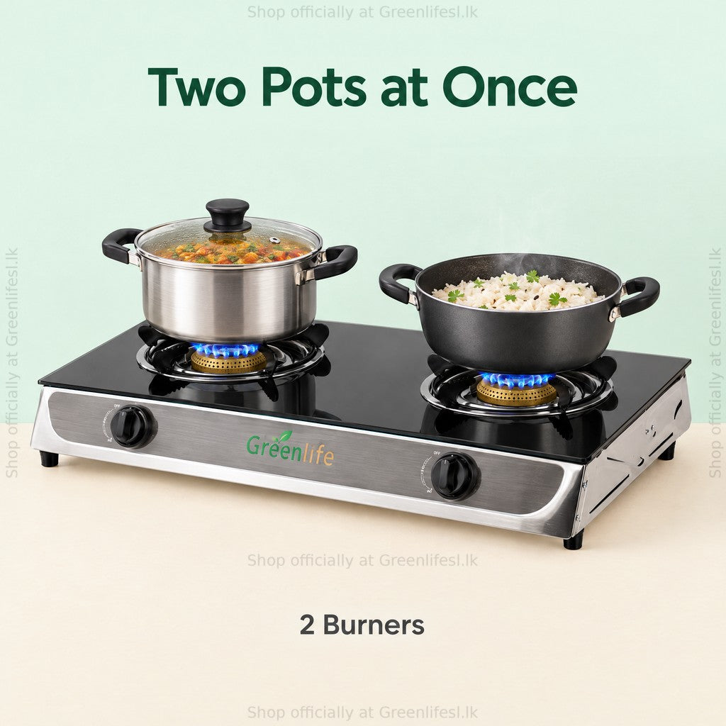 Green Life 2-burner tempered glass top gas cooker with two pots cooking at once