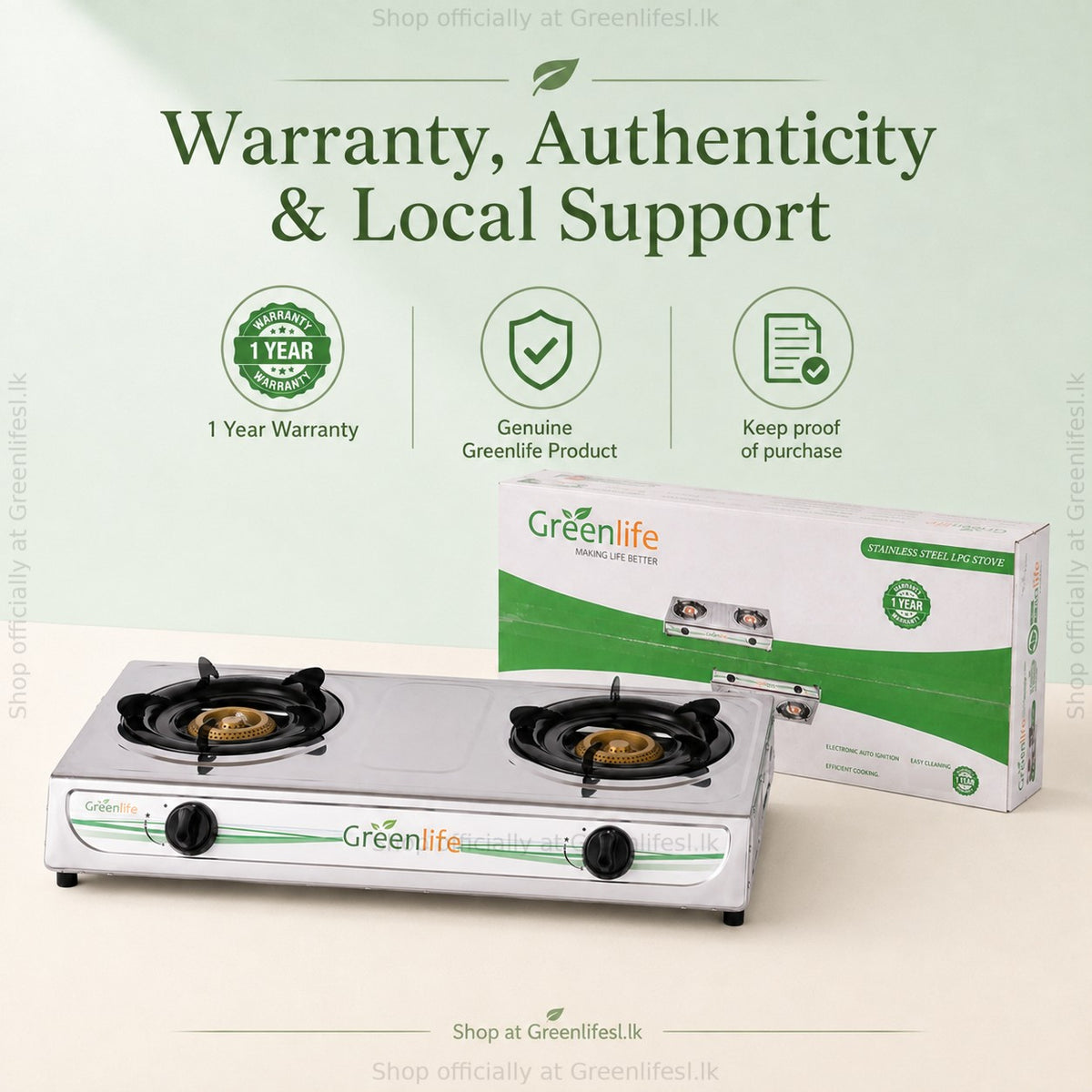 Green Life 2-burner stainless steel gas cooker with retail box, 1 year warranty and genuine Greenlife product