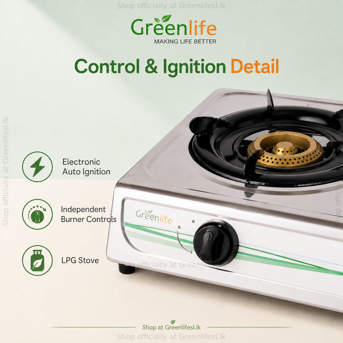 Green Life 2-burner stainless steel gas cooker controls: electronic auto ignition and independent burner knobs