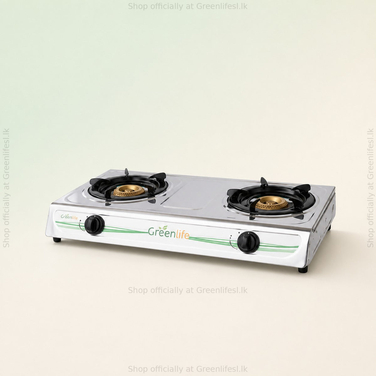 Green Life 2-burner stainless steel gas cooker with brass burners and black pan supports
