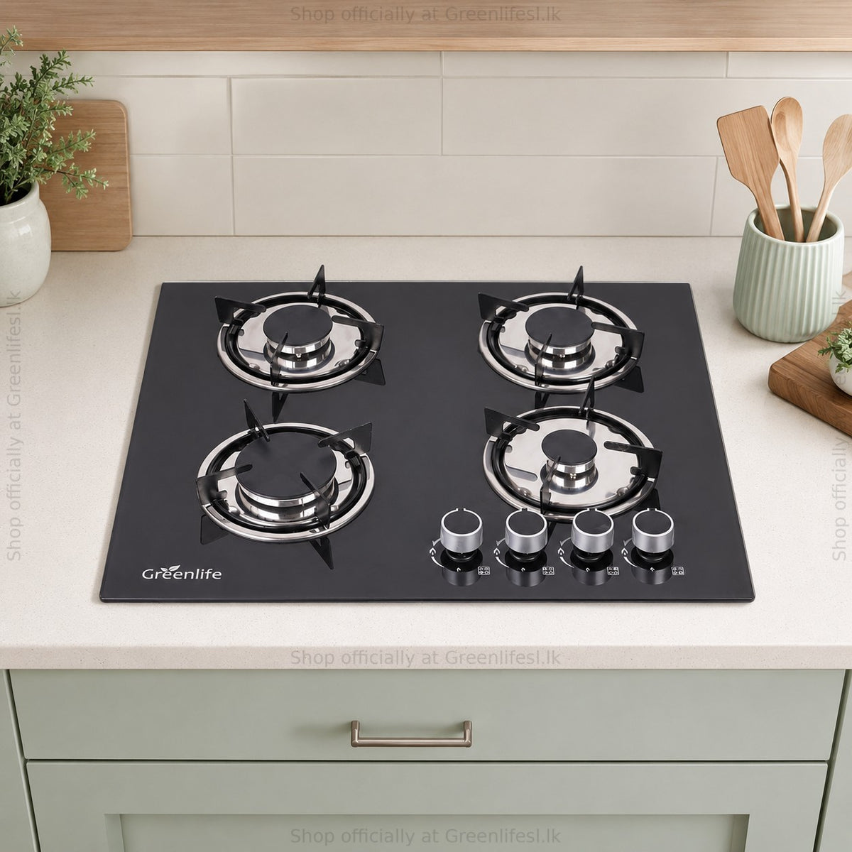 Green Life 4-burner tempered glass built-in gas hob set into a light kitchen counter