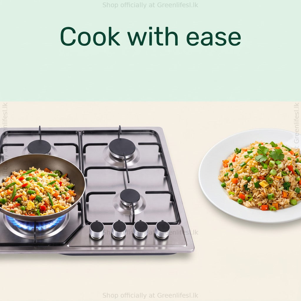 Green Life 4-burner stainless steel gas hob cooking fried rice in a wok, served on a plate
