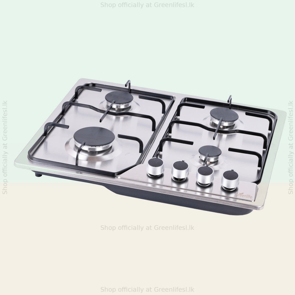 Green Life 4-burner stainless steel built-in gas hob from a low angle showing its slim profile