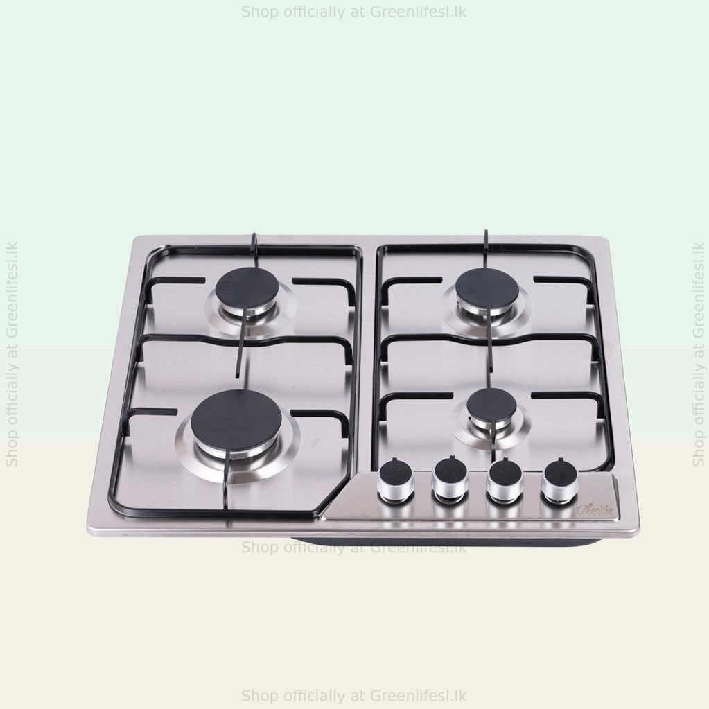 Green Life 4-burner stainless steel built-in gas hob with black pan supports and four control knobs