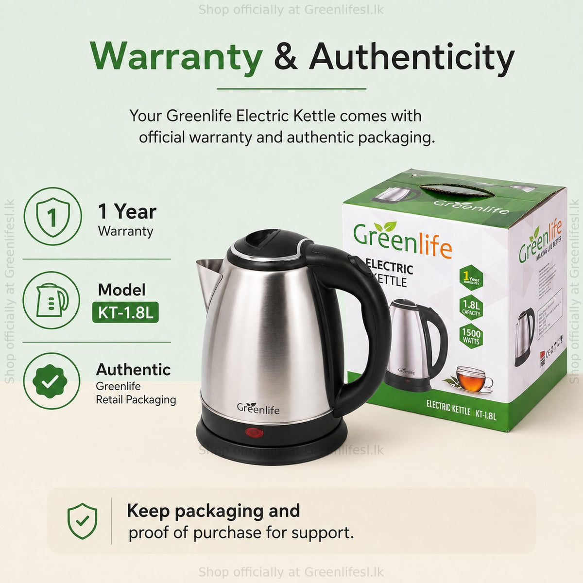 Green Life 1.8L stainless steel electric kettle with retail box, 1 year warranty, model KT-1.8L