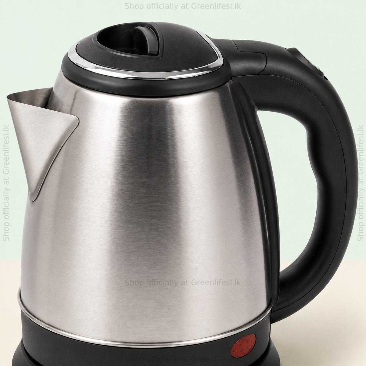 Close-up of the Green Life 1.8L stainless steel electric kettle body, lid and handle