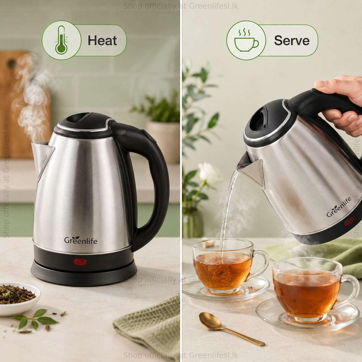 Green Life 1.8L stainless steel electric kettle heating water and pouring into cups of tea