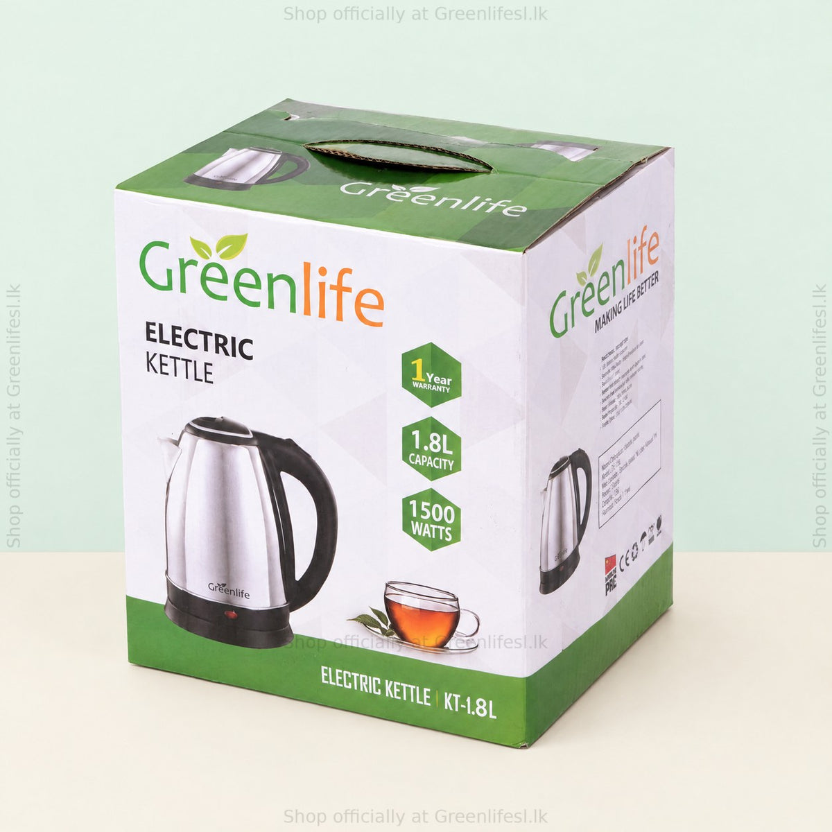 Green Life 1.8L stainless steel electric kettle retail box, 1.8L, 1500 watts, 1 year warranty