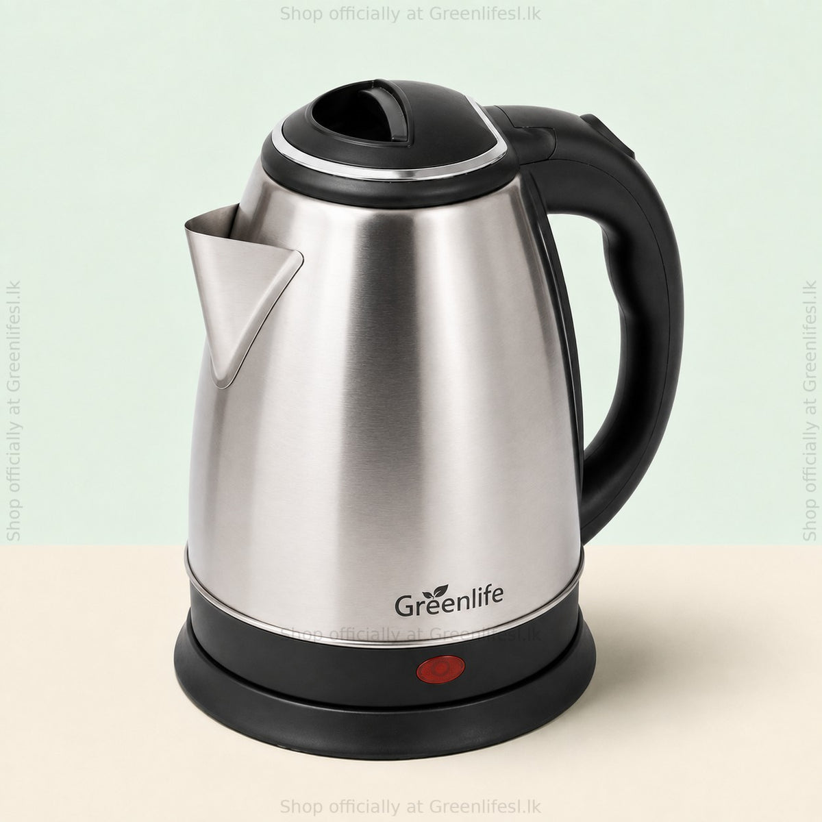 Green Life 1.8L stainless steel electric kettle from the side, showing spout and handle