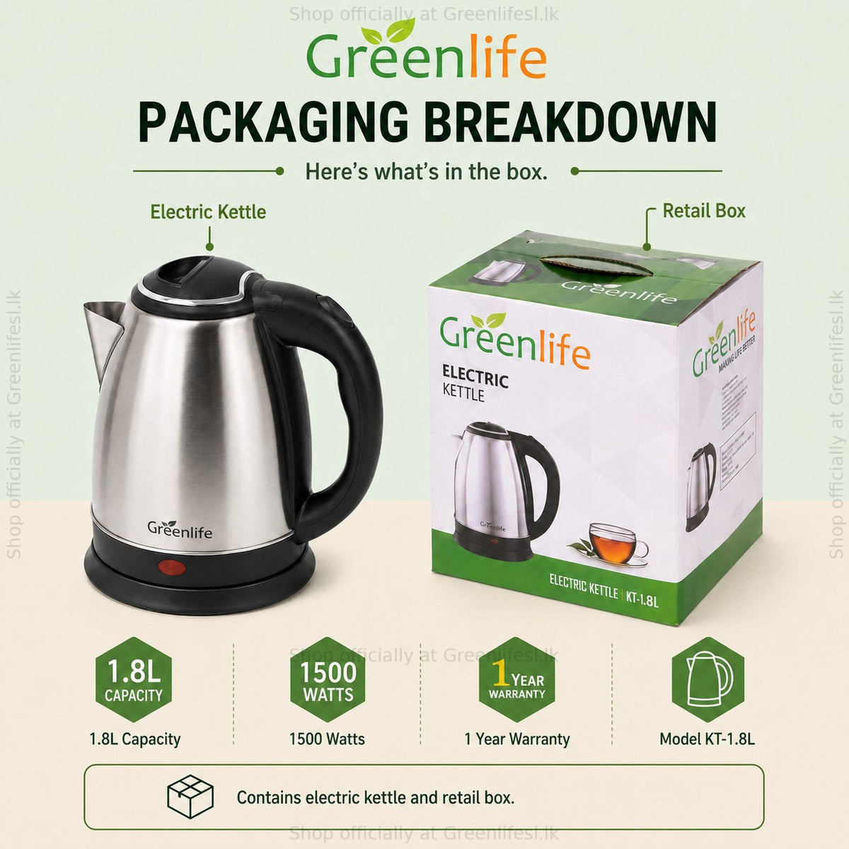 Green Life 1.8L stainless steel electric kettle, what's in the box: kettle and retail box, 1500 watts