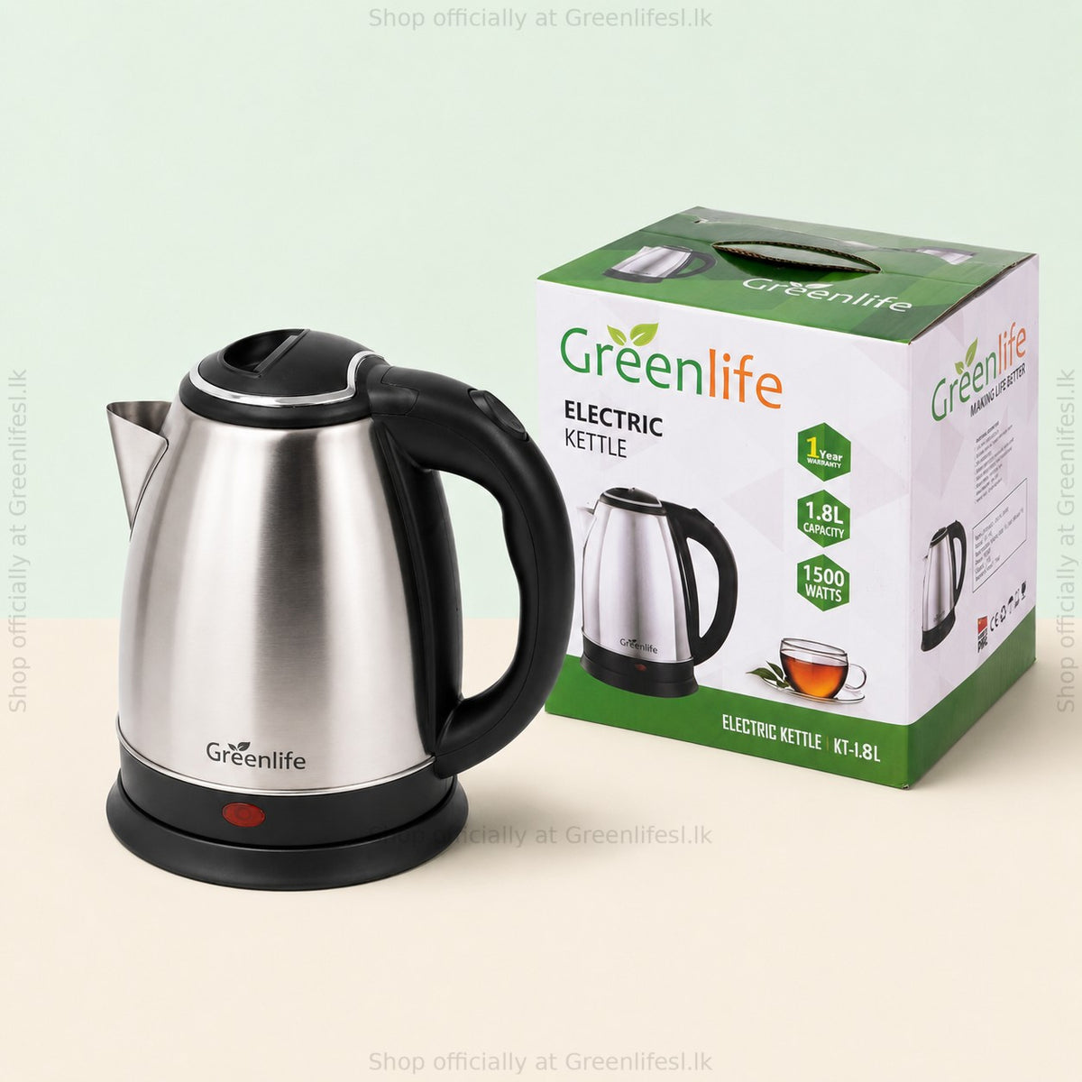 Green Life 1.8L stainless steel electric kettle beside its retail box, 1500 watts, model KT-1.8L