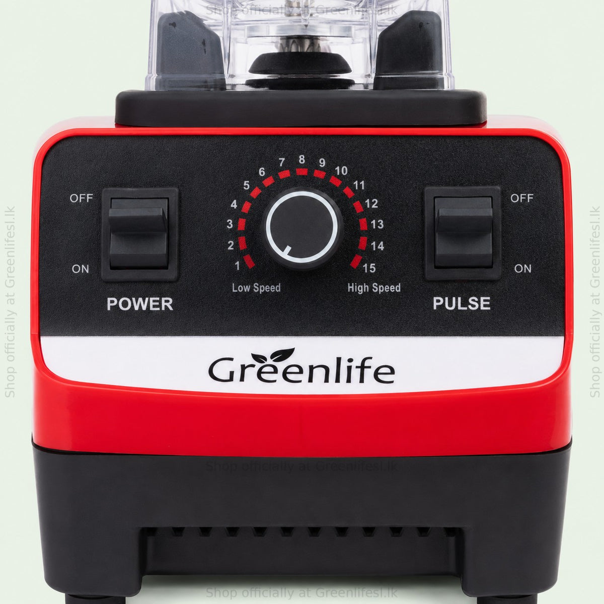 Green Life electric juicer blender 300W controls: power switch, 15-step speed dial and pulse switch
