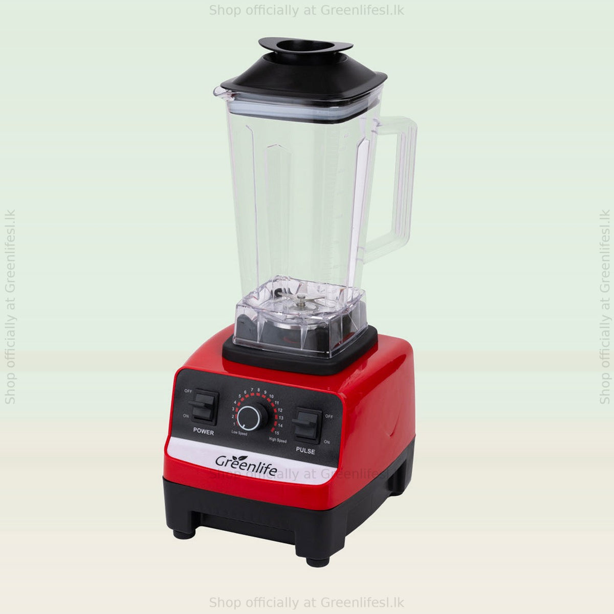 Green Life electric juicer blender 300W with red and black base and tall clear jar
