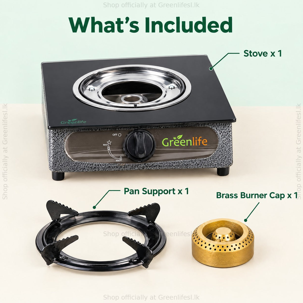 Green Life single burner glass top gas stove, what's included: stove, pan support and brass burner cap