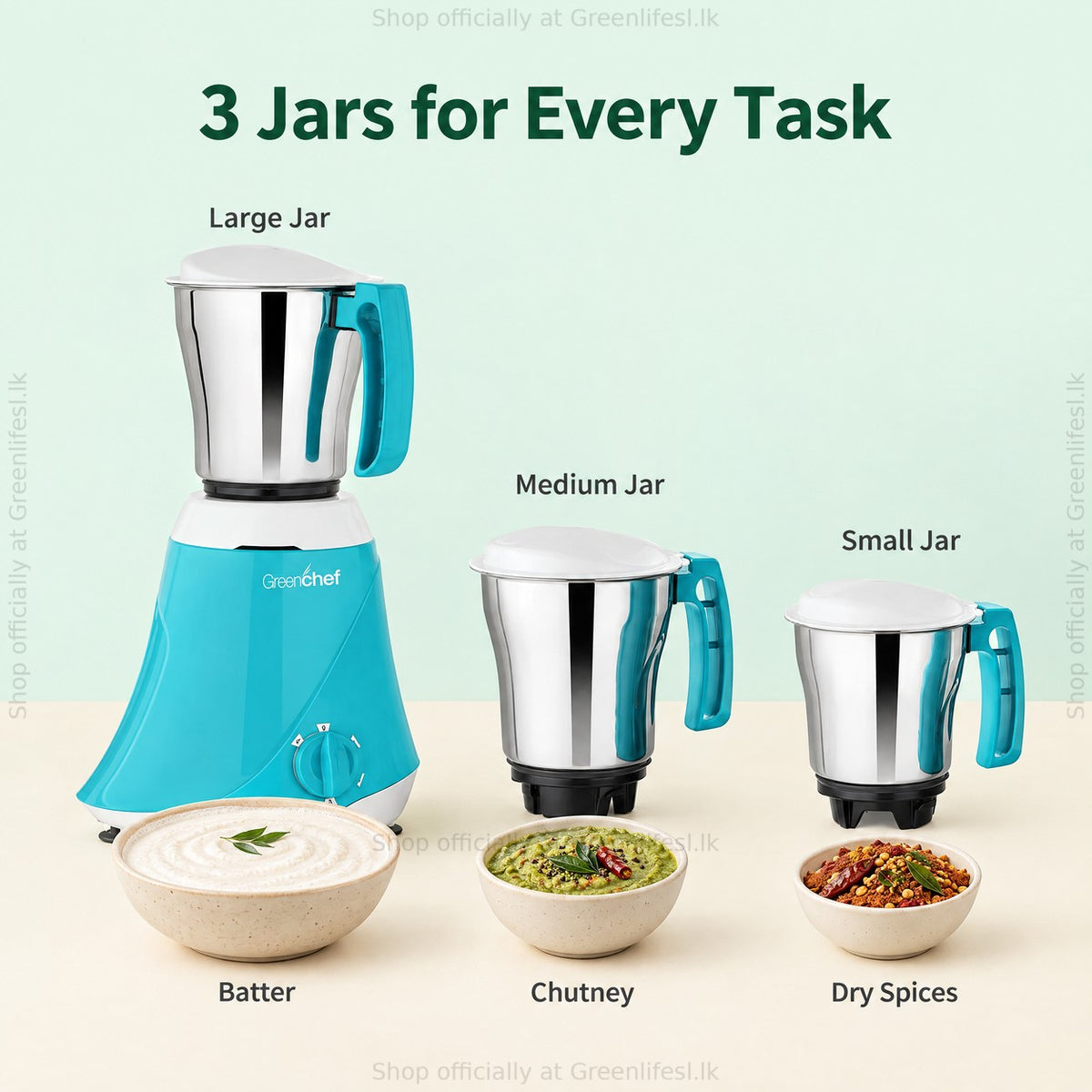 GreenChef 3-jar mixer grinder 550W jars: large for batter, medium for chutney, small for dry spices