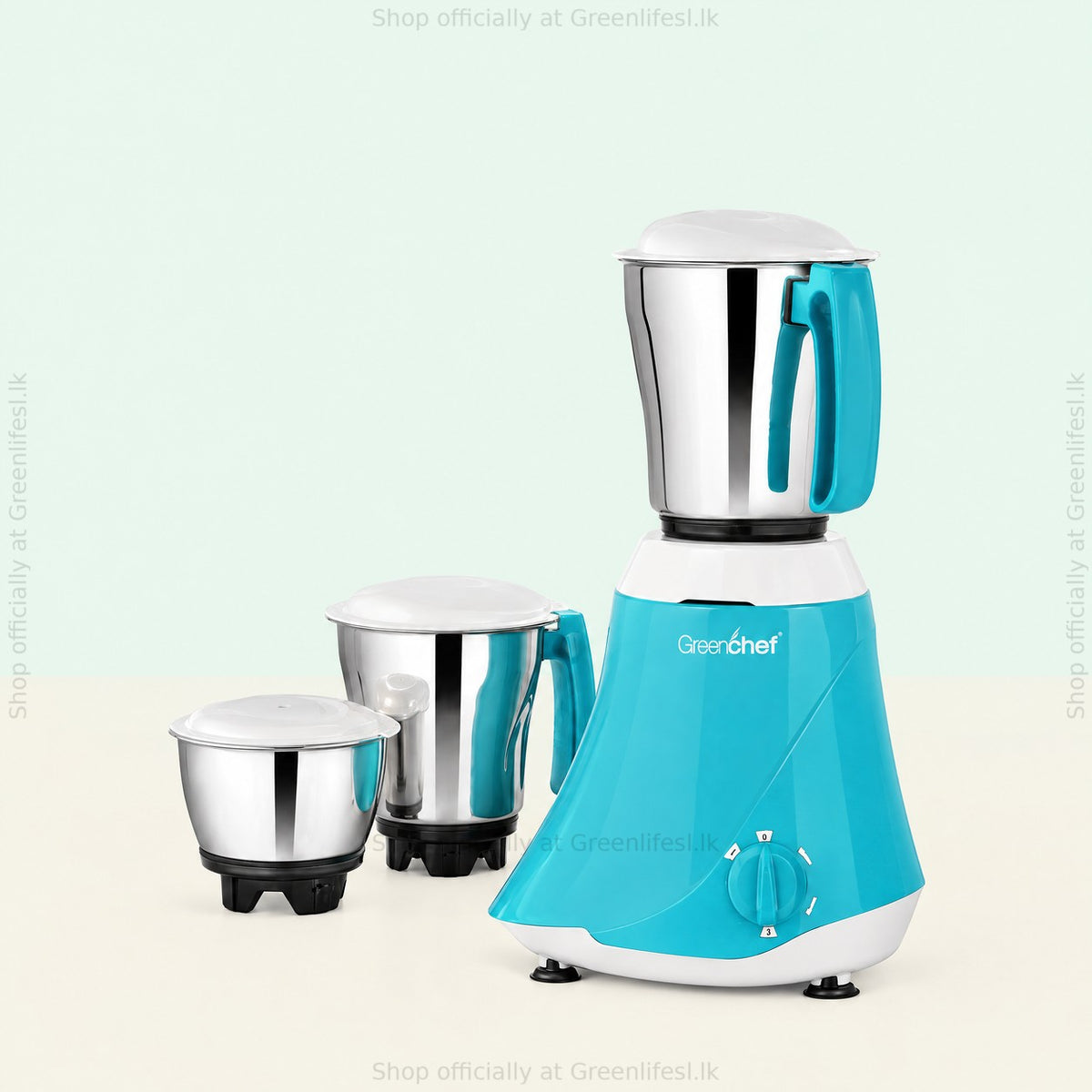 GreenChef 3-jar mixer grinder 550W from another angle with all three stainless jars