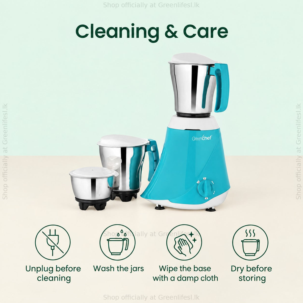 GreenChef 3-jar mixer grinder 550W care: unplug, wash the jars, wipe the base, dry before storing