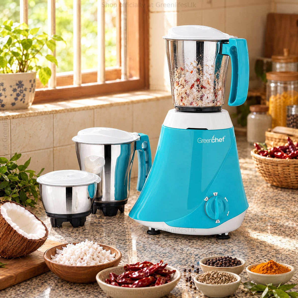 GreenChef 3-jar mixer grinder 550W in a kitchen with coconut, rice, dried chillies and spices