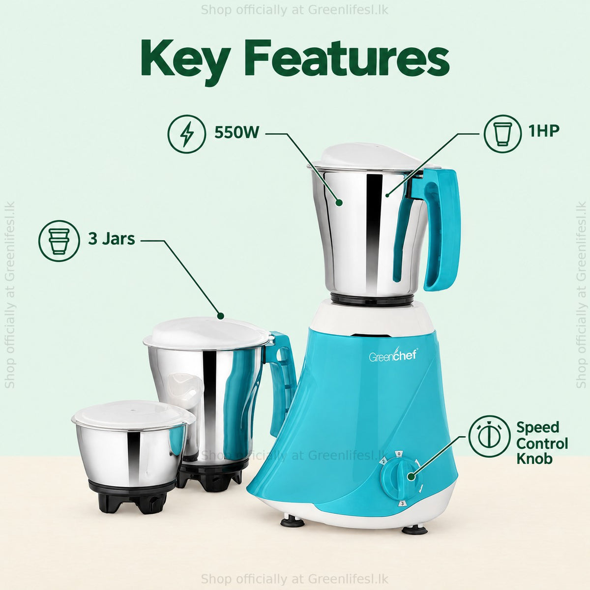 GreenChef 3-jar mixer grinder 550W features: 1HP motor, 3 jars and speed control knob