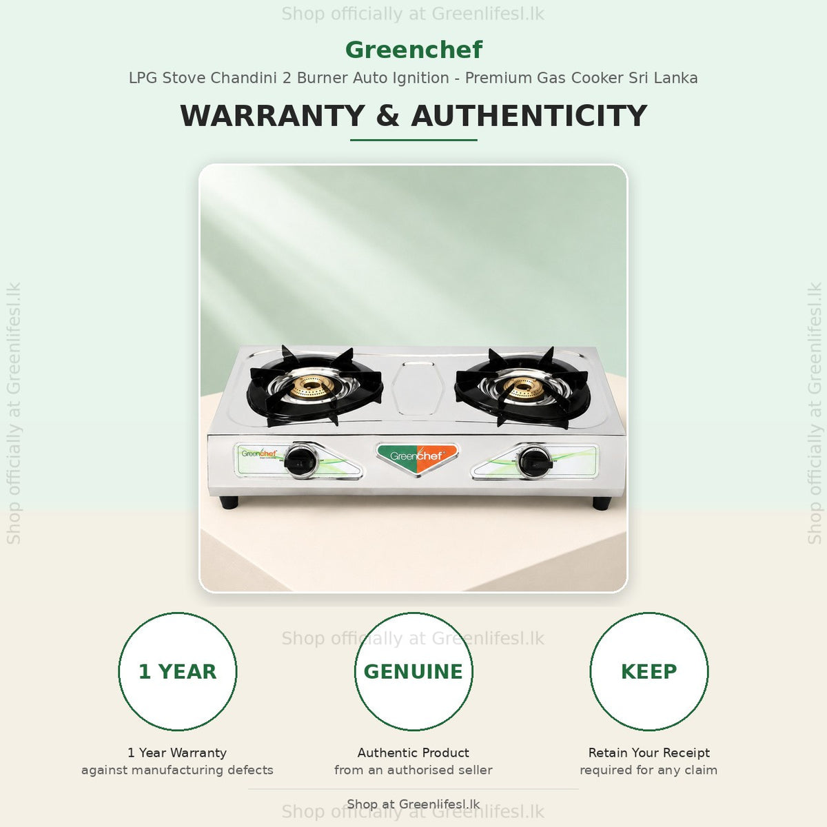 GreenChef Chandini 2-burner auto ignition gas stove, 1 year warranty against manufacturing defects