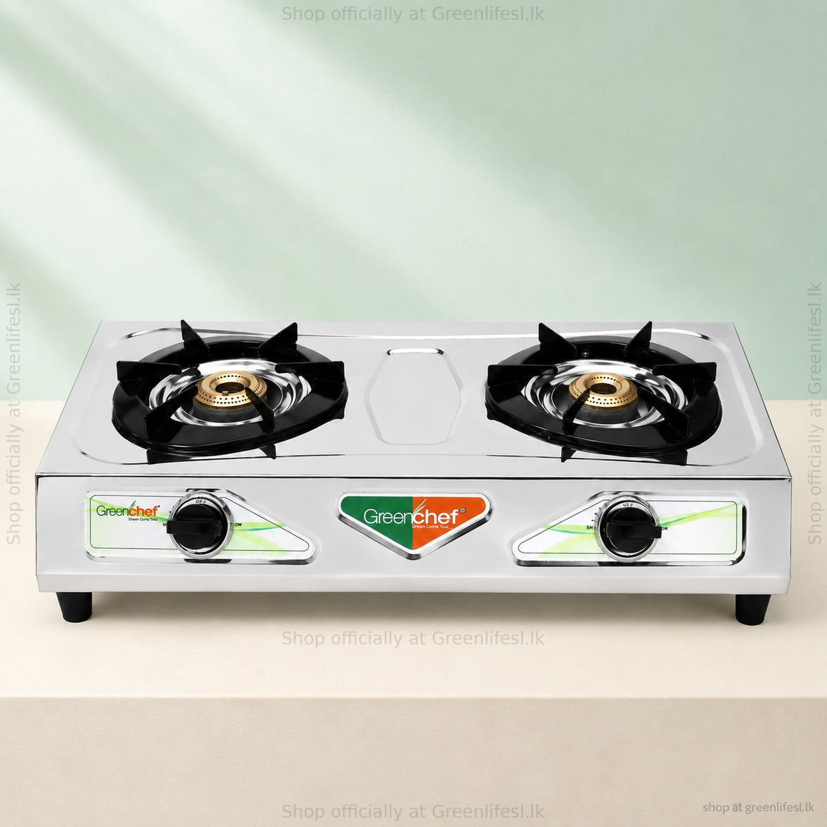 GreenChef Chandini 2-burner auto ignition gas stove, stainless steel body and black pan supports