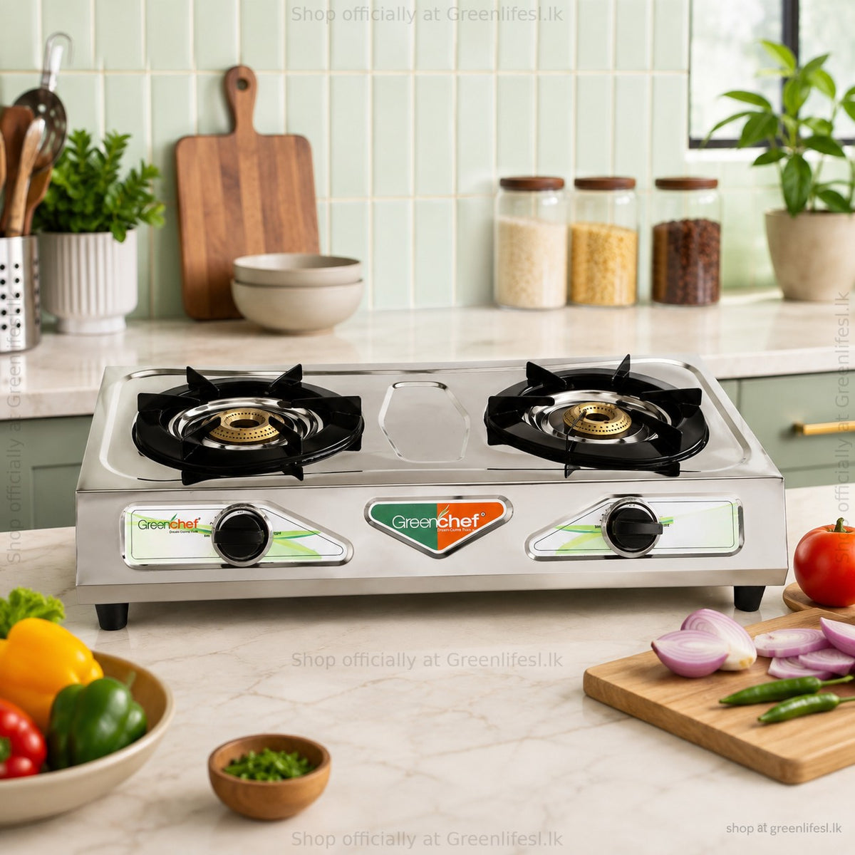 GreenChef Chandini 2-burner auto ignition gas stove on a kitchen counter beside fresh vegetables
