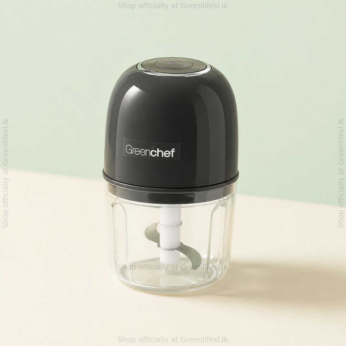 GreenChef Chopster wireless mini chopper 350ml, black motor top on clear bowl, front view